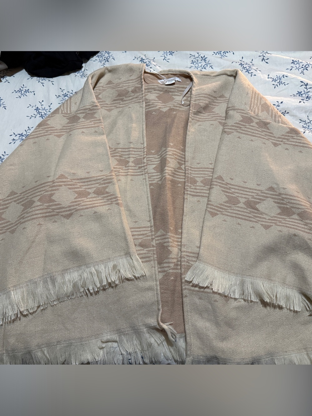 Beige Tribal Print Fringe Cardigan
